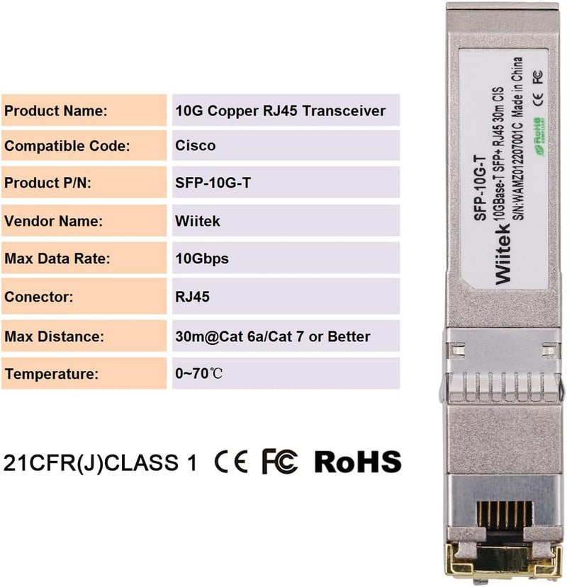 Wiitek 10Gb SFP+ to RJ45 Modules, 1.25G/2.5G/5G/10GBase-T Ethernet to SFP+ Transceiver Compatible for Cisco SFP-10G-T-X, Ubiquiti, Netgear AXM766, Mikrotik S+RJ10, Unifi (Cat 6a/7 or Better, 30-Meter) - Image 3
